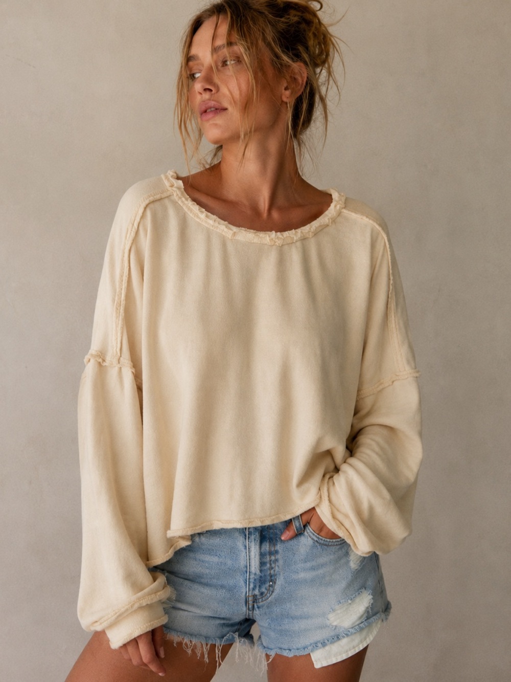 Free People Cream Raw Edge Oversized Sweatshirt
